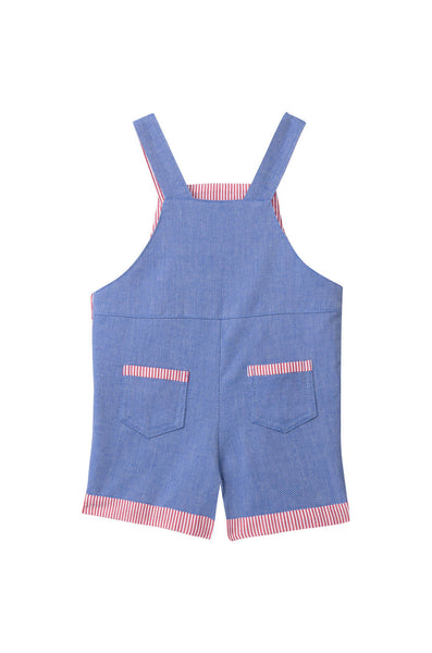 Dos de la Superlipop', la salopette-short en jean's bio, et doublure rayée rouge pour bébé et enfant