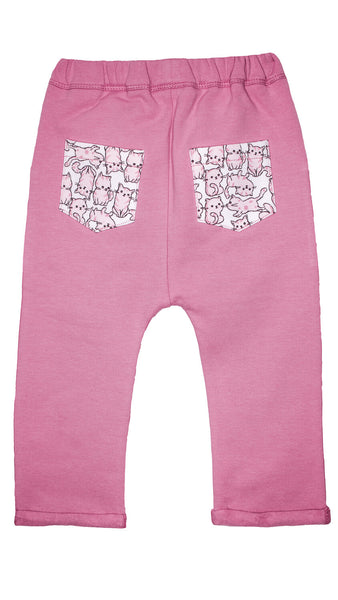 Jogging, pantalon détente pour enfant et bébé, rose, avec poches motifs petits chats