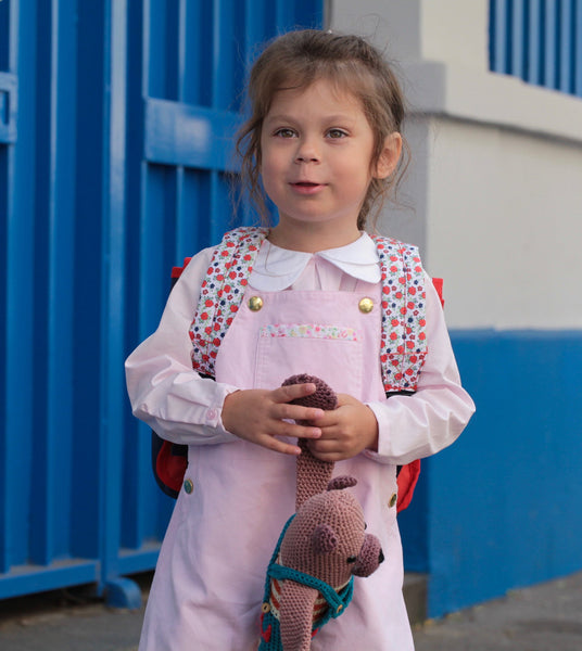 Robe salopette rose doublure fleurie, entièrement doublée, 100% coton, douce et pratique