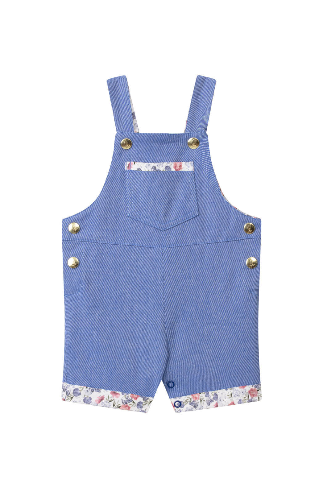 Salopette-short pour bébé et enfant, en denim bio et doublure intégrale fleurie