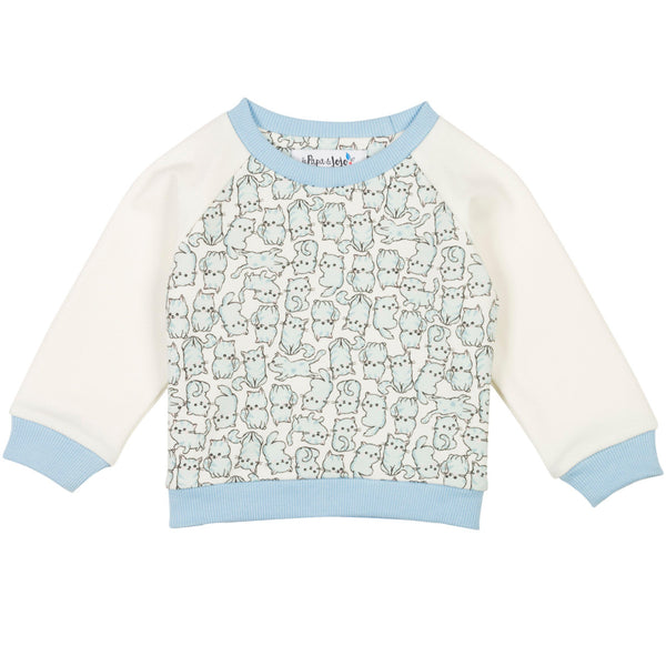 Sweatshirt bleu et blanc, motif petits chats. Pour bébés et enfants de 6 mois à 6 ans
