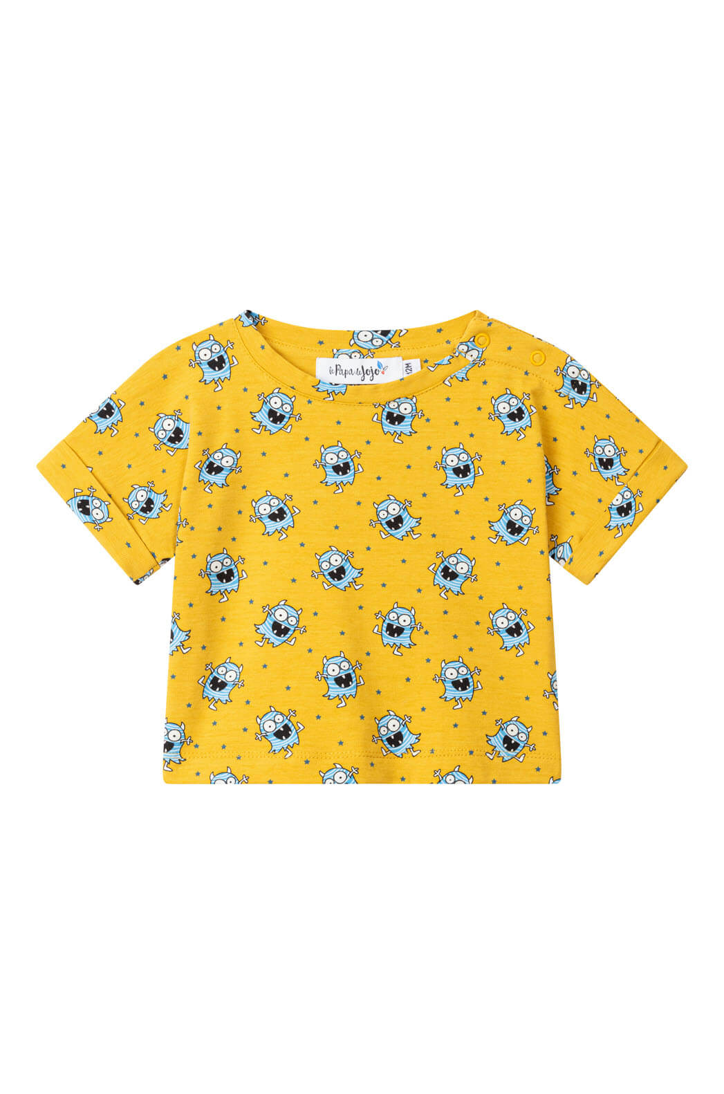 Tshirt jaune pour bébé et enfant, avec de petits monstres sympa couleur bleus.