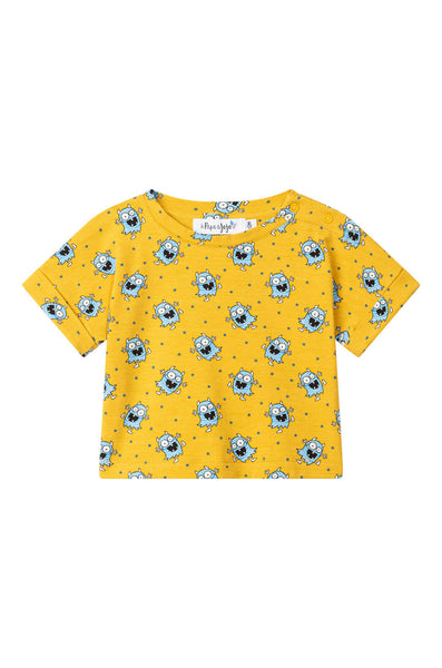Tshirt jaune pour bébé et enfant, avec de petits monstres sympa couleur bleus.